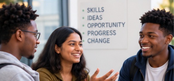 Three young people in conversation
