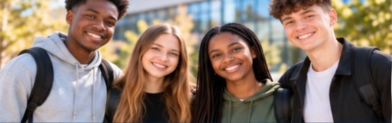 Four young people smiling outside a campus building